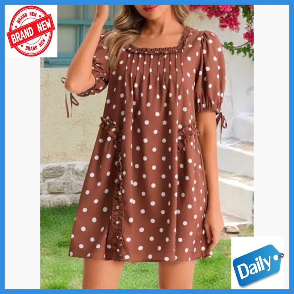 Babydoll Mini Dress with Pockets, Polka Dot, Square Neck, Short Sleeve - Picture 4 of 6